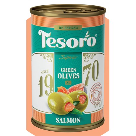 Оливки зеленые, фаршированные лососем Tesoro, 314мл